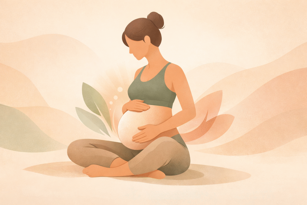 Illustration einer schwangeren Frau, die im Schneidersitz sitzt und beide Hände schützend auf ihren Babybauch legt. Sie trägt bequeme Sportkleidung. Die Darstellung ist in warmen, sanften Pastellfarben gehalten, mit abstrakten Blattformen im Hintergrund und einer ruhigen, harmonischen Atmosphäre, die Achtsamkeit, Schwangerschaft und sanfte Bewegung symbolisiert.