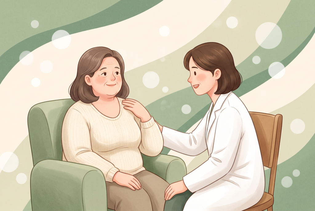 Illustration einer älteren Frau mit aufrechter, entspannter Haltung im ruhigen Gespräch mit einer Ärztin im weißen Kittel, eine Hand sanft an der Schulter. Illustration in sanften Grün- und Cremetönen.