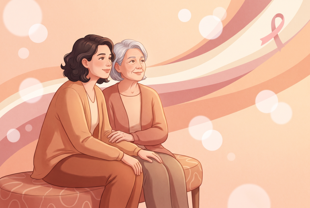 Illustration von zwei Frauen unterschiedlichen Alters, die sich vertraut und unterstützend nebeneinander setzen, im Hintergrund eine dezente rosa Schleife als Symbol für den Brustkrebsmonat. Warme, pfirsichfarbene Illustration mit zarten Rosatönen.