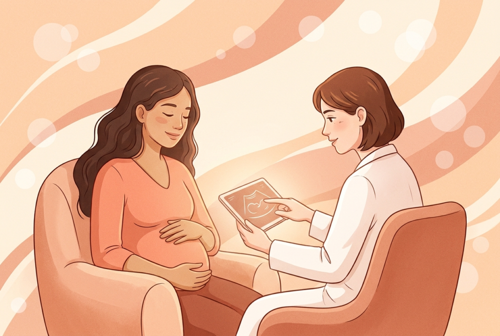 Illustration einer Frau mit langem dunklem Haar, die entspannt im Gespräch mit einer Ärztin sitzt, während die Ärztin ein Ultraschallbild auf einem Tablet erklärt. Warme, pfirsichfarbene Illustration