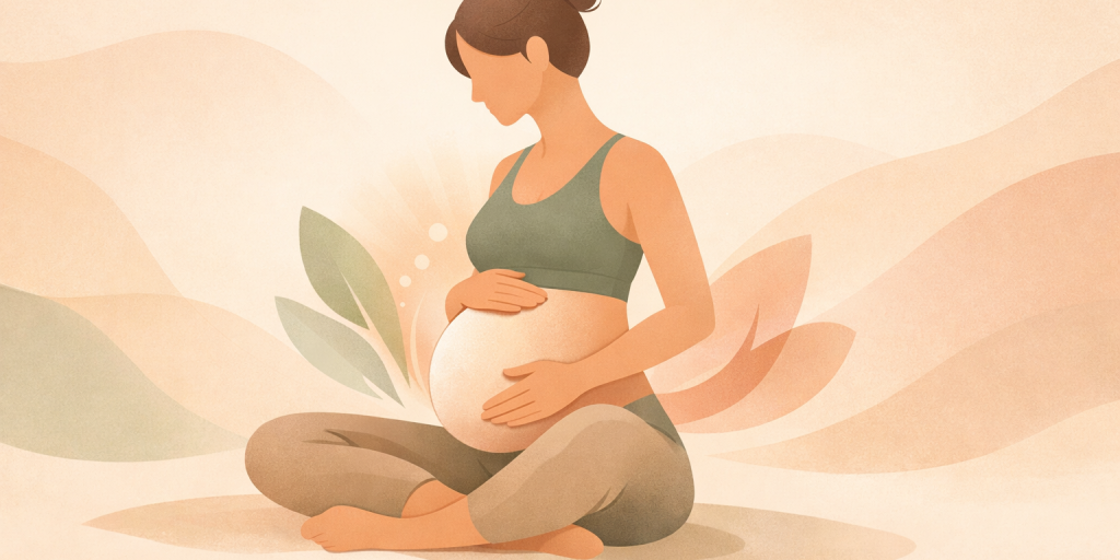 Illustration einer schwangeren Frau, die im Schneidersitz sitzt und beide Hände schützend auf ihren Babybauch legt. Sie trägt bequeme Sportkleidung. Die Darstellung ist in warmen, sanften Pastellfarben gehalten, mit abstrakten Blattformen im Hintergrund und einer ruhigen, harmonischen Atmosphäre, die Achtsamkeit, Schwangerschaft und sanfte Bewegung symbolisiert.