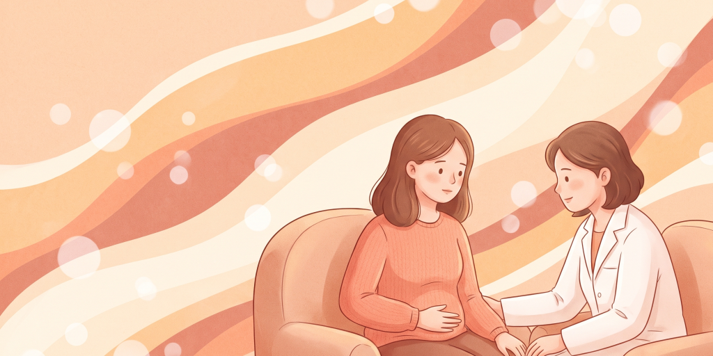 Illustration einer Frau, die mit einer Hand sanft auf ihrem Unterbauch ruht, während sie sich im ruhigen Gespräch mit einer Ärztin im weißen Kittel befindet. Warme, pfirsichfarbene Illustration in einfühlsamer, ruhiger Bildsprache.