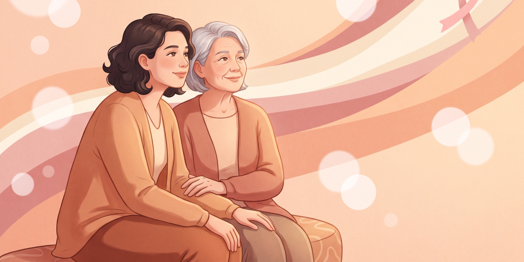 Illustration von zwei Frauen unterschiedlichen Alters, die sich vertraut und unterstützend nebeneinander setzen, im Hintergrund eine dezente rosa Schleife als Symbol für den Brustkrebsmonat. Warme, pfirsichfarbene Illustration mit zarten Rosatönen.