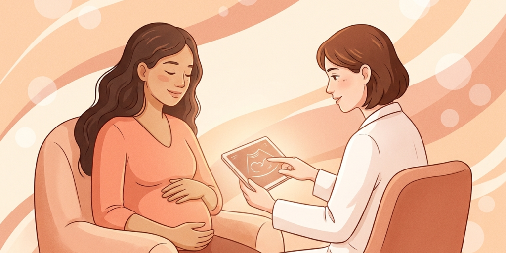 Illustration einer Frau mit langem dunklem Haar, die entspannt im Gespräch mit einer Ärztin sitzt, während die Ärztin ein Ultraschallbild auf einem Tablet erklärt. Warme, pfirsichfarbene Illustration